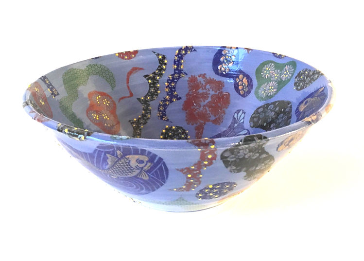Blue Bowl with Chinese Decal Floral Patterns