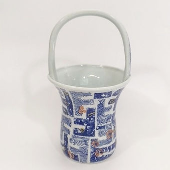 Porcelain Flower Basket with Blue Chinese Rice Paper Transfer Floral Pattern