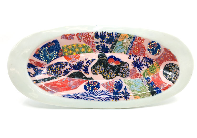Porcelain Oval Crazy Quiltlike Collage Patterned Tray
