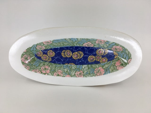 Small Tray with Hand Painted, Collaged Decals in Blue, Green, Yellow &amp; Pink