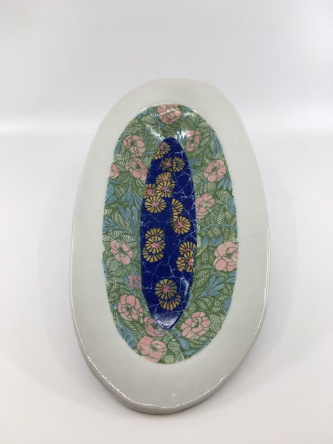 Tray with Hand-Painted and Collaged Decals in Green, Blue, Pink and Yellow