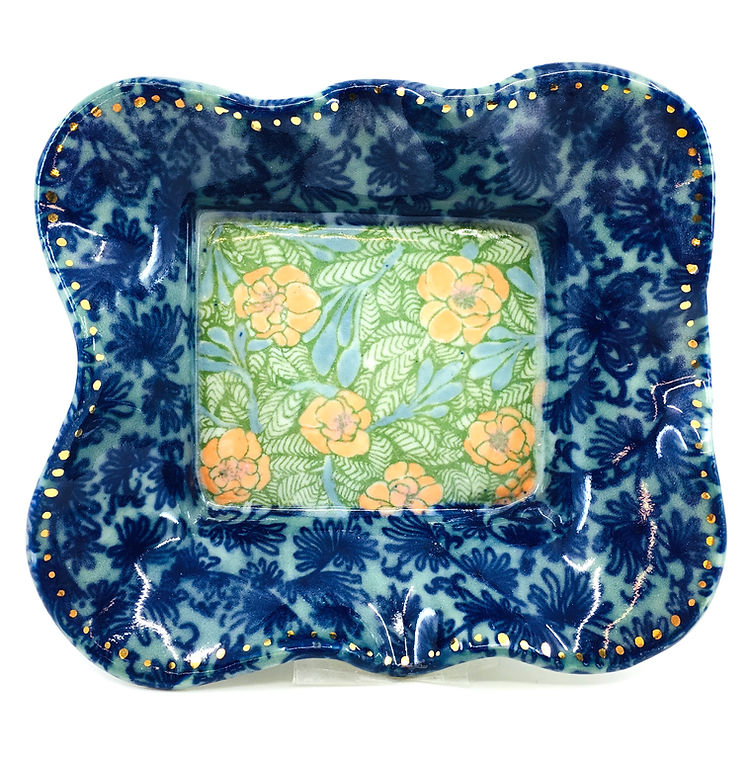 Scalloped Porcelain Serving Tray with Hand Painted Decal Patterns