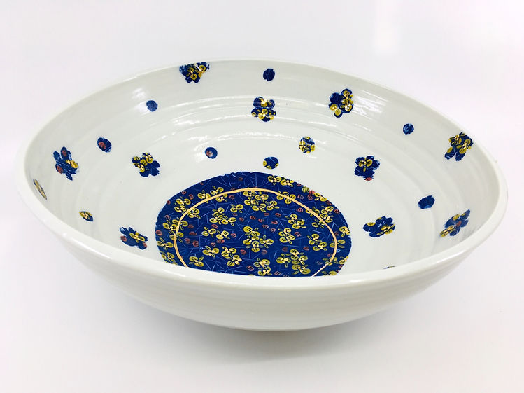 Altered Porcelain Bowl with Blue Chinese Floral Decal Pattern