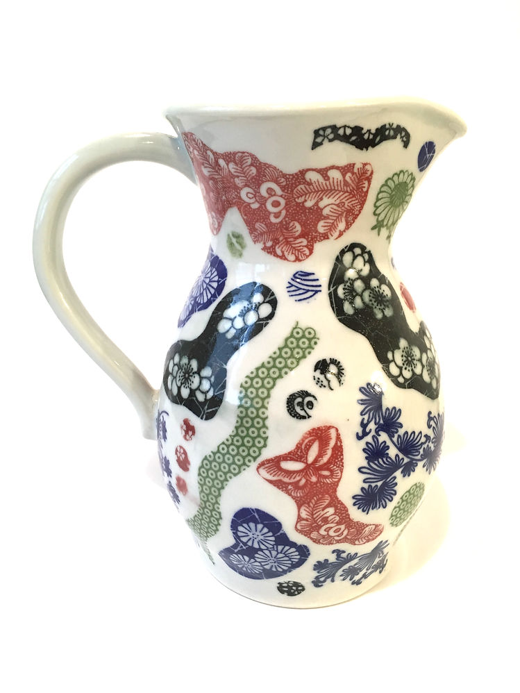 Porcelain Pitcher with Floral Chinese Rice Paper Transfer Patterns