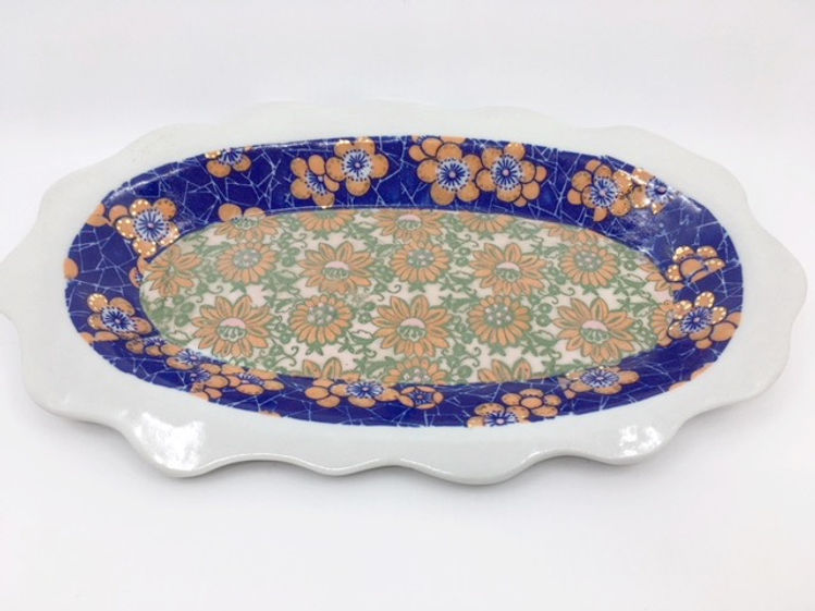 Small Tray: Hand Painted Floral Decals Patterns in Blue &amp; Green, Gold Lustre