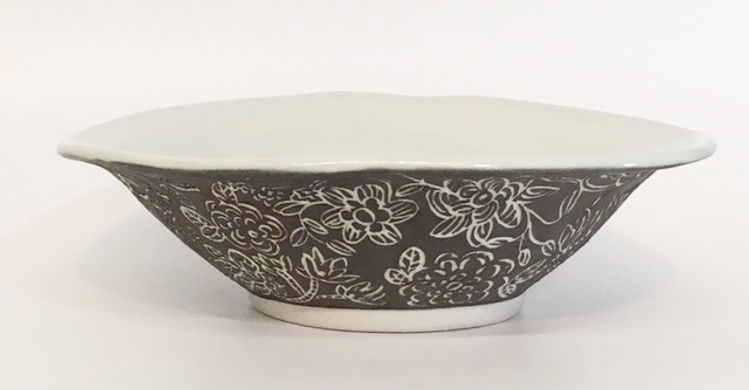 Porcelain Bowl with Black Slip and Sgraffito