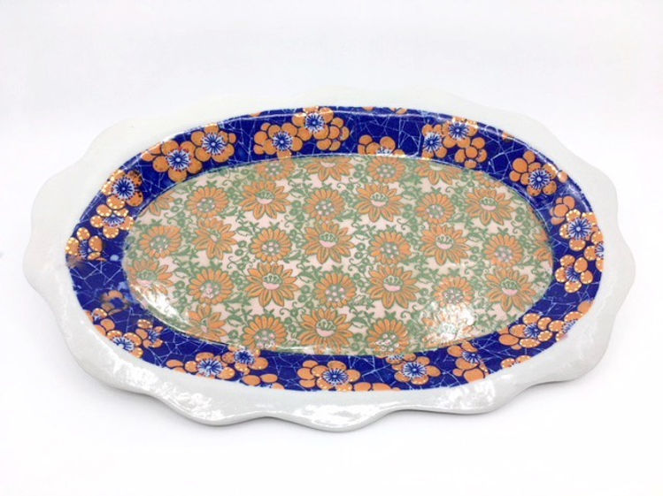 Large Porcelain Tray with Orange &amp; Blue Hand-Painted Decals