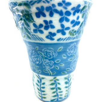 Porcelain Vase with Blue/Green Slip and Hand Drawn Floral Pattern