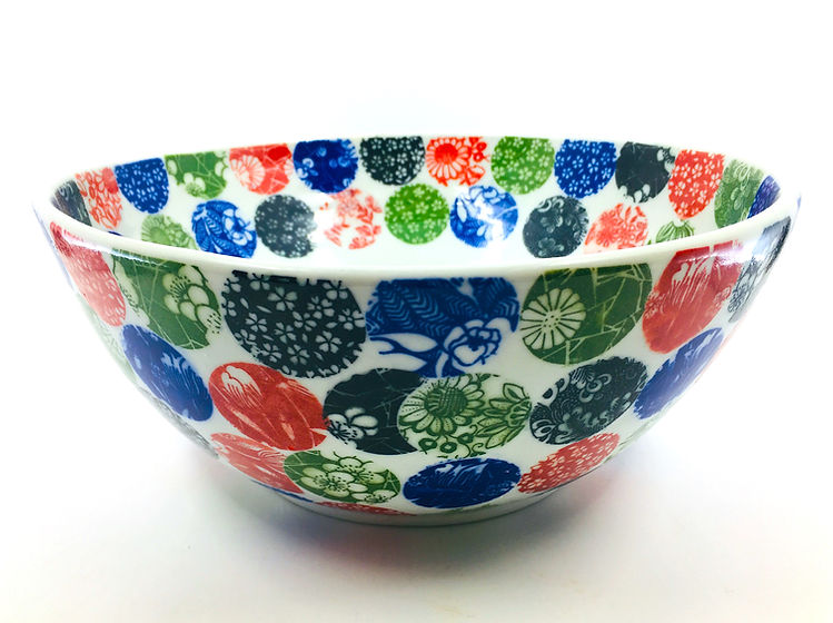 Porcelain Bowl with Chinese Rice Paper Underglaze Transfers in Circle Pattern